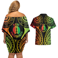 New Caledonia Day Couples Matching Off Shoulder Short Dress and Hawaiian Shirt Polynesian Curves Reggae Color - Polynesian Pride