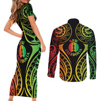 New Caledonia Day Couples Matching Short Sleeve Bodycon Dress and Long Sleeve Button Shirt Polynesian Curves Reggae Color - Polynesian Pride