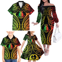 New Caledonia Day Family Matching Off The Shoulder Long Sleeve Dress and Hawaiian Shirt Polynesian Curves Reggae Color - Polynesian Pride