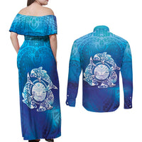Marshall Islands Manit Day Couples Matching Off Shoulder Maxi Dress and Long Sleeve Button Shirt Tribal Dolphin With Marshall Seal - Polynesian Pride