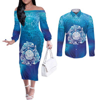 Marshall Islands Manit Day Couples Matching Off The Shoulder Long Sleeve Dress and Long Sleeve Button Shirt Tribal Dolphin With Marshall Seal - Polynesian Pride