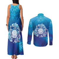 Marshall Islands Manit Day Couples Matching Tank Maxi Dress and Long Sleeve Button Shirt Tribal Dolphin With Marshall Seal - Polynesian Pride