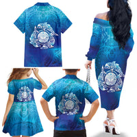 Marshall Islands Manit Day Family Matching Off The Shoulder Long Sleeve Dress and Hawaiian Shirt Tribal Dolphin With Marshall Seal - Polynesian Pride