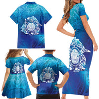 Marshall Islands Manit Day Family Matching Short Sleeve Bodycon Dress and Hawaiian Shirt Tribal Dolphin With Marshall Seal - Polynesian Pride