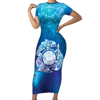 Marshall Islands Manit Day Family Matching Short Sleeve Bodycon Dress and Hawaiian Shirt Tribal Dolphin With Marshall Seal - Polynesian Pride