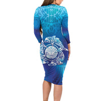 Marshall Islands Manit Day Long Sleeve Bodycon Dress Tribal Dolphin With Marshall Seal - Polynesian Pride