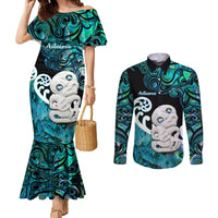 Personalized Aotearoa New Zealand Couples Matching Mermaid Dress and Long Sleeve Button Shirts Paua Shell Fern Koru With Maori Hei Tiki LT05 Green - Polynesian Pride