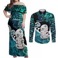Personalized Aotearoa New Zealand Couples Matching Off Shoulder Maxi Dress and Long Sleeve Button Shirts Paua Shell Fern Koru With Maori Hei Tiki LT05 Green - Polynesian Pride