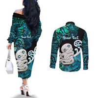 Personalized Aotearoa New Zealand Couples Matching Off The Shoulder Long Sleeve Dress and Long Sleeve Button Shirts Paua Shell Fern Koru With Maori Hei Tiki LT05 - Polynesian Pride
