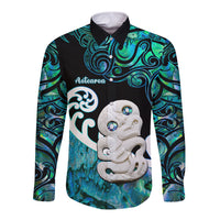 Personalized Aotearoa New Zealand Long Sleeve Button Shirt Paua Shell Fern Koru With Maori Hei Tiki LT05 Unisex Green - Polynesian Pride