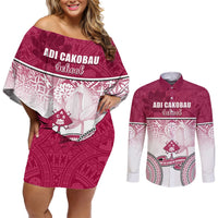Personalized Adi Cakobau School Couples Matching Off Shoulder Short Dress and Long Sleeve Button Shirts With Fijian Tapa Pattern LT05 Pink - Polynesian Pride