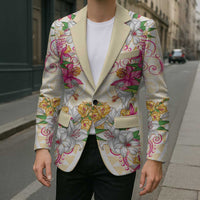 Hawaii Palaka Blazer Yellow Tribal Pattern With Tropical Flowers - Polynesian Pride