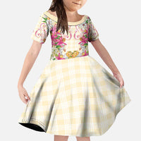 Hawaii Palaka Family Matching Mermaid Dress and Hawaiian Shirt Yellow Tribal Pattern With Tropical Flowers LT05 Daughter's Dress Yellow - Polynesian Pride