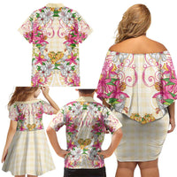 Hawaii Palaka Family Matching Off Shoulder Short Dress and Hawaiian Shirt Yellow Tribal Pattern With Tropical Flowers - Polynesian Pride