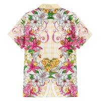 Hawaii Palaka Family Matching Off Shoulder Short Dress and Hawaiian Shirt Yellow Tribal Pattern With Tropical Flowers - Polynesian Pride