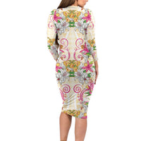 Hawaii Palaka Long Sleeve Bodycon Dress Yellow Tribal Pattern With Tropical Flowers - Polynesian Pride