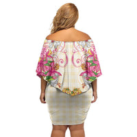Hawaii Palaka Off Shoulder Short Dress Yellow Tribal Pattern With Tropical Flowers - Polynesian Pride