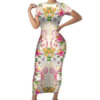 Hawaii Palaka Short Sleeve Bodycon Dress Yellow Tribal Pattern With Tropical Flowers - Polynesian Pride