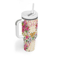 Hawaii Palaka Tumbler With Handle Yellow Tribal Pattern With Tropical Flowers - Polynesian Pride