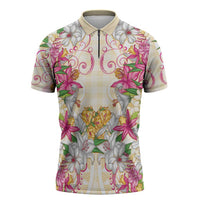 Hawaii Palaka Zipper Polo Shirt Yellow Tribal Pattern With Tropical Flowers LT05 Yellow - Polynesian Pride