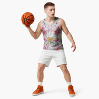 Hawaii Palaka Basketball Jersey White Tribal Pattern With Tropical Flowers - Polynesian Pride