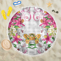 Hawaii Palaka Beach Blanket White Tribal Pattern With Tropical Flowers - Polynesian Pride