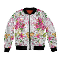 Hawaii Palaka Bomber Jacket White Tribal Pattern With Tropical Flowers LT05 Unisex White - Polynesian Pride