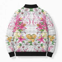 Hawaii Palaka Bomber Puffer Jacket White Tribal Pattern With Tropical Flowers - Polynesian Pride