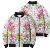 Hawaii Palaka Bomber Puffer Jacket White Tribal Pattern With Tropical Flowers - Polynesian Pride