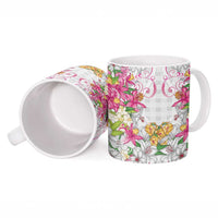 Hawaii Palaka Ceramic Mug White Tribal Pattern With Tropical Flowers - Polynesian Pride