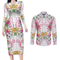 Hawaii Palaka Couples Matching Long Sleeve Bodycon Dress and Long Sleeve Button Shirt White Tribal Pattern With Tropical Flowers - Polynesian Pride