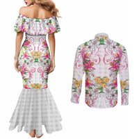 Hawaii Palaka Couples Matching Mermaid Dress and Long Sleeve Button Shirt White Tribal Pattern With Tropical Flowers - Polynesian Pride