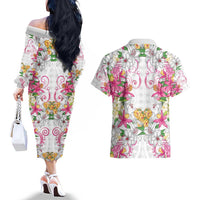 Hawaii Palaka Couples Matching Off The Shoulder Long Sleeve Dress and Hawaiian Shirt White Tribal Pattern With Tropical Flowers - Polynesian Pride
