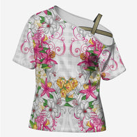 Hawaii Palaka Cross Shoulder Shirt White Tribal Pattern With Tropical Flowers - Polynesian Pride