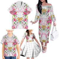 Hawaii Palaka Family Matching Off The Shoulder Long Sleeve Dress and Hawaiian Shirt White Tribal Pattern With Tropical Flowers - Polynesian Pride