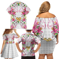 Hawaii Palaka Family Matching Off Shoulder Short Dress and Hawaiian Shirt White Tribal Pattern With Tropical Flowers - Polynesian Pride