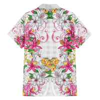 Hawaii Palaka Family Matching Off Shoulder Short Dress and Hawaiian Shirt White Tribal Pattern With Tropical Flowers - Polynesian Pride