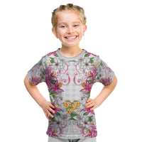 Hawaii Palaka Kid T Shirt White Tribal Pattern With Tropical Flowers - Polynesian Pride