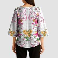 Hawaii Palaka Kimono Sleeve Blouse White Tribal Pattern With Tropical Flowers - Polynesian Pride