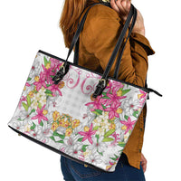 Hawaii Palaka Leather Tote Bag White Tribal Pattern With Tropical Flowers - Polynesian Pride