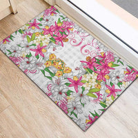 Hawaii Palaka Rubber Doormat White Tribal Pattern With Tropical Flowers - Polynesian Pride