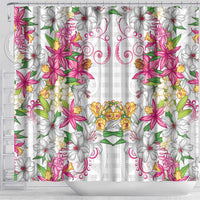 Hawaii Palaka Shower Curtain White Tribal Pattern With Tropical Flowers - Polynesian Pride