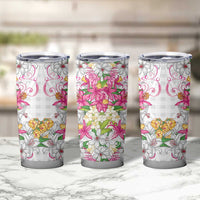 Hawaii Palaka Tumbler Cup White Tribal Pattern With Tropical Flowers - Polynesian Pride