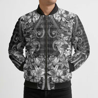 Hawaii Palaka Bomber Puffer Jacket Black Tribal Pattern With Tropical Flowers - Polynesian Pride