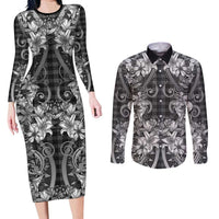 Hawaii Palaka Couples Matching Long Sleeve Bodycon Dress and Long Sleeve Button Shirt Black Tribal Pattern With Tropical Flowers - Polynesian Pride