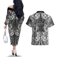 Hawaii Palaka Couples Matching Off The Shoulder Long Sleeve Dress and Hawaiian Shirt Black Tribal Pattern With Tropical Flowers - Polynesian Pride