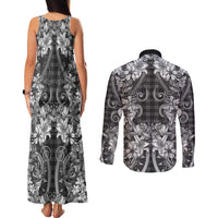 Hawaii Palaka Couples Matching Tank Maxi Dress and Long Sleeve Button Shirt Black Tribal Pattern With Tropical Flowers - Polynesian Pride
