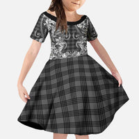 Hawaii Palaka Family Matching Long Sleeve Bodycon Dress and Hawaiian Shirt Black Tribal Pattern With Tropical Flowers LT05 Daughter's Dress Black - Polynesian Pride