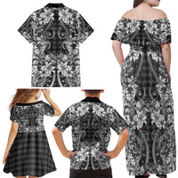 Hawaii Palaka Family Matching Off Shoulder Maxi Dress and Hawaiian Shirt Black Tribal Pattern With Tropical Flowers - Polynesian Pride