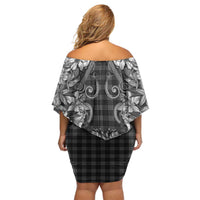 Hawaii Palaka Family Matching Off Shoulder Short Dress and Hawaiian Shirt Black Tribal Pattern With Tropical Flowers - Polynesian Pride